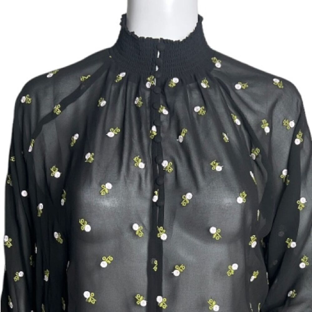 Cabi Shirt Womens Small Black White Alegria Embroidered Floral Sheer Peasant - Picture 4 of 8